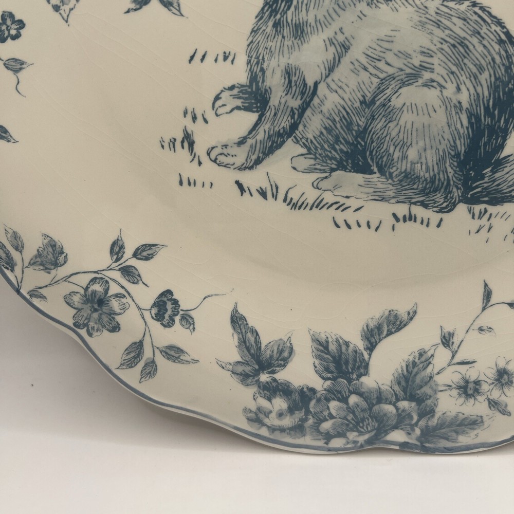 Maxcera Blue White Toile Bunny Rabbit Round Serving Platter Easter Large 13"