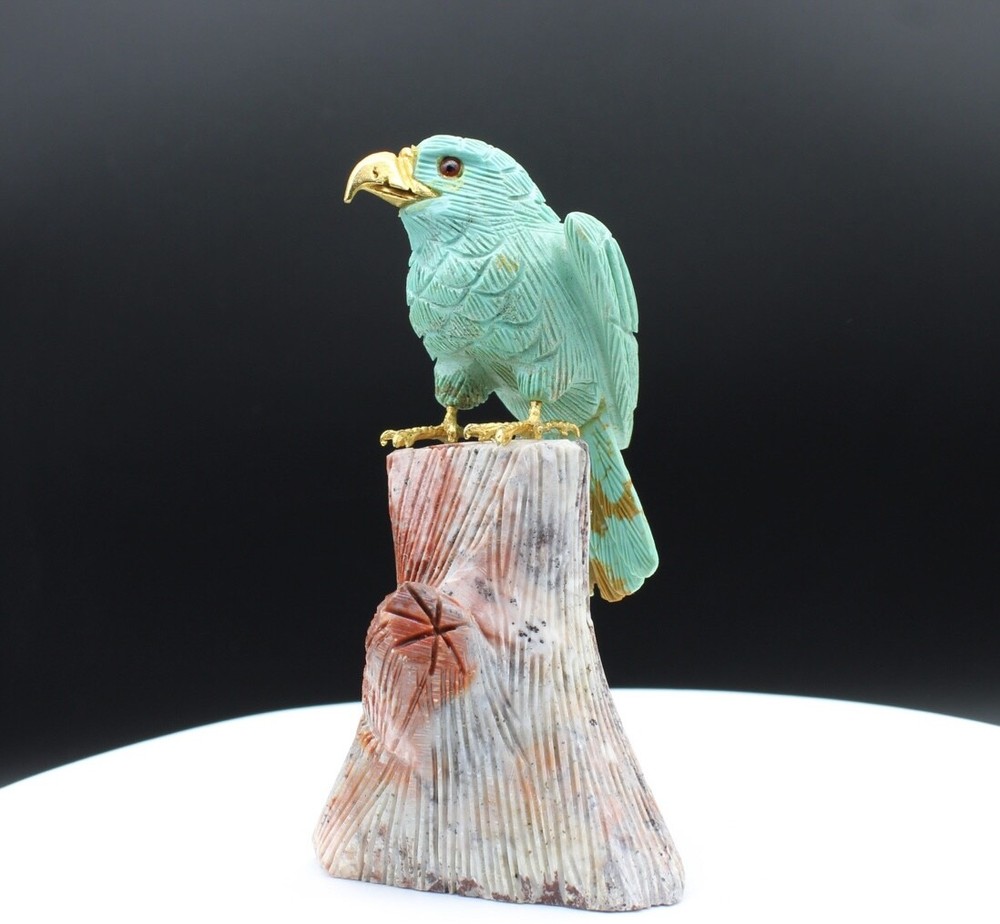 Natural Turquoise Handcrafted Eagle On An Ocean Jasper Trunk Base.