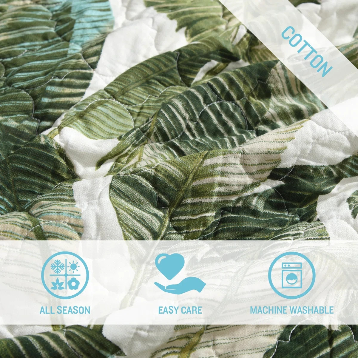 Queen Quilt Set Green Coastal Botanical Tropical Floral Bahama Exotic Leaves 3Pc