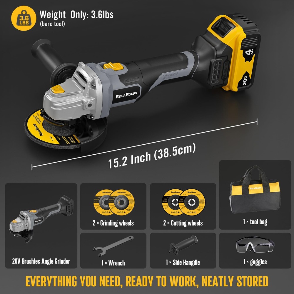 ReliaRoads 20V Brushless Cordless Angle Grinder, 4-1/2 Grinder, Compatible wi...