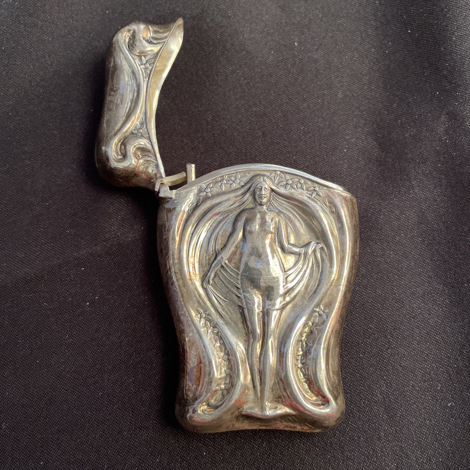 Wallace Sterling Silver Art Nouveau Match Safe Nude Woman Wing-Like Hair 1.5 oz.