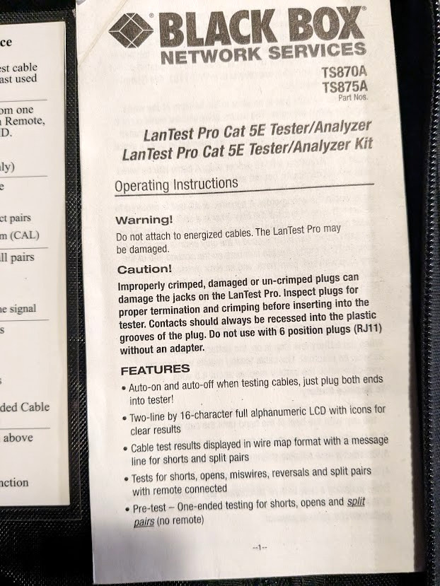 Black Box Model TS870A Lan Test Pro Cat 5E Tester Analyzer Kit