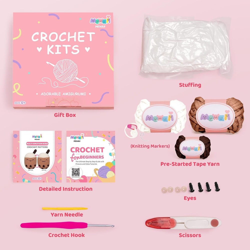 Crochet Kit for Beginners – Multi-Emotion Boba w/ Yarn & Video Tutorials