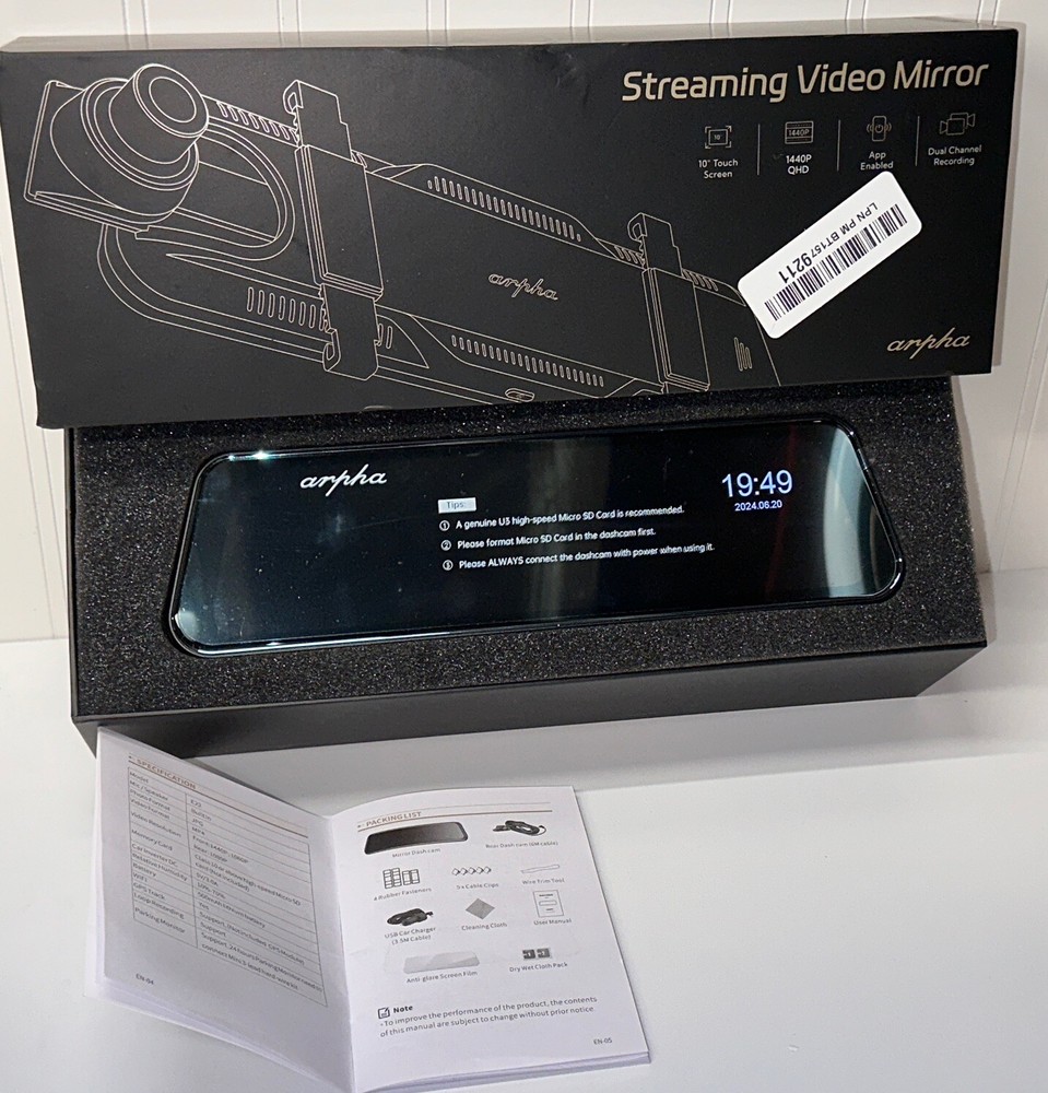 Arpha  E22 Touch Screen Mirror Dash Cam w/Real Time Video Streaming  10” NEW