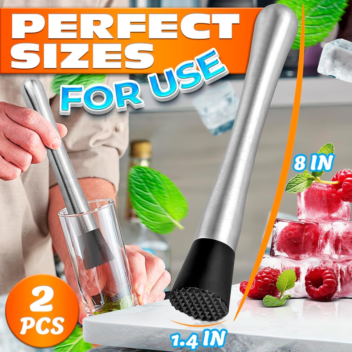 2 Pcs Bar Muddler for Cocktails – 8" Stainless 2 Muddlers, Silver, Black