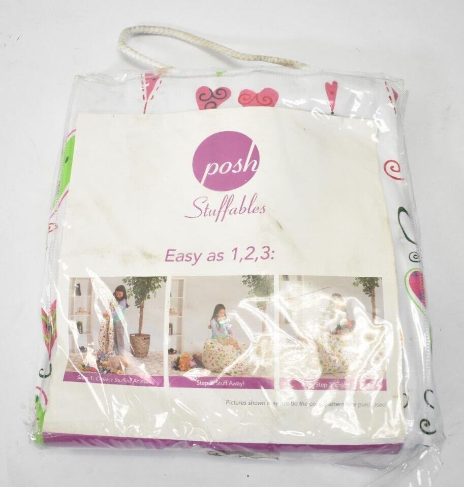 Posh Stuffables Stuffed Animal Storage Bean Bag Chair White Hearts Decor