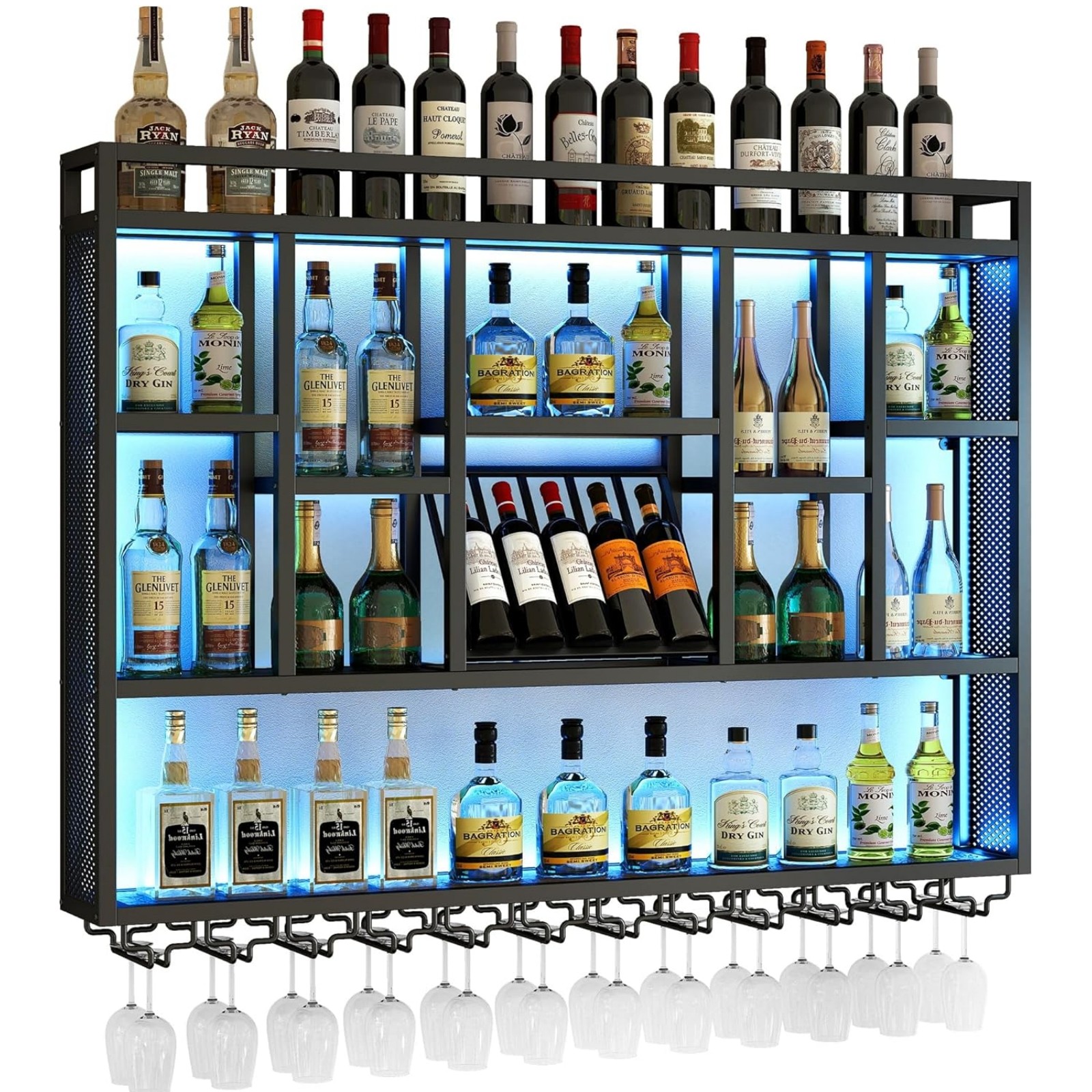 4-Tier Wall Mounted Wine Rack 59" Floating Bar Shelves w/ LED Light for Bar Cafe