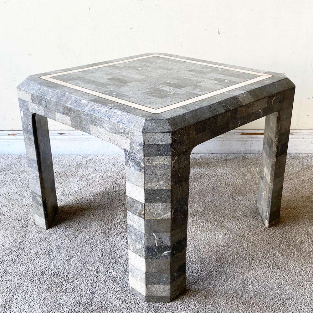 Postmodern Charcoal Tessellated Stone Side Table
