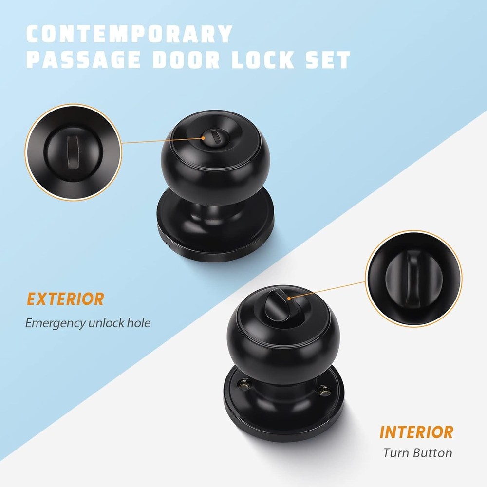 KNOBWELL 5 Pack Matte Black Door Knobs Privacy Knob for 5 Pack,