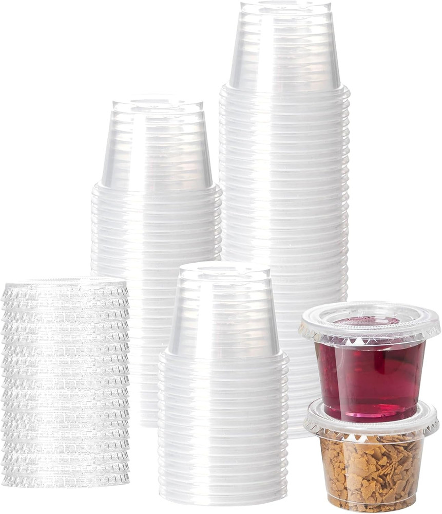 00Pack 1oz Disposable Plastic Portion Cups with Lids, Small Mini Sauce Cups