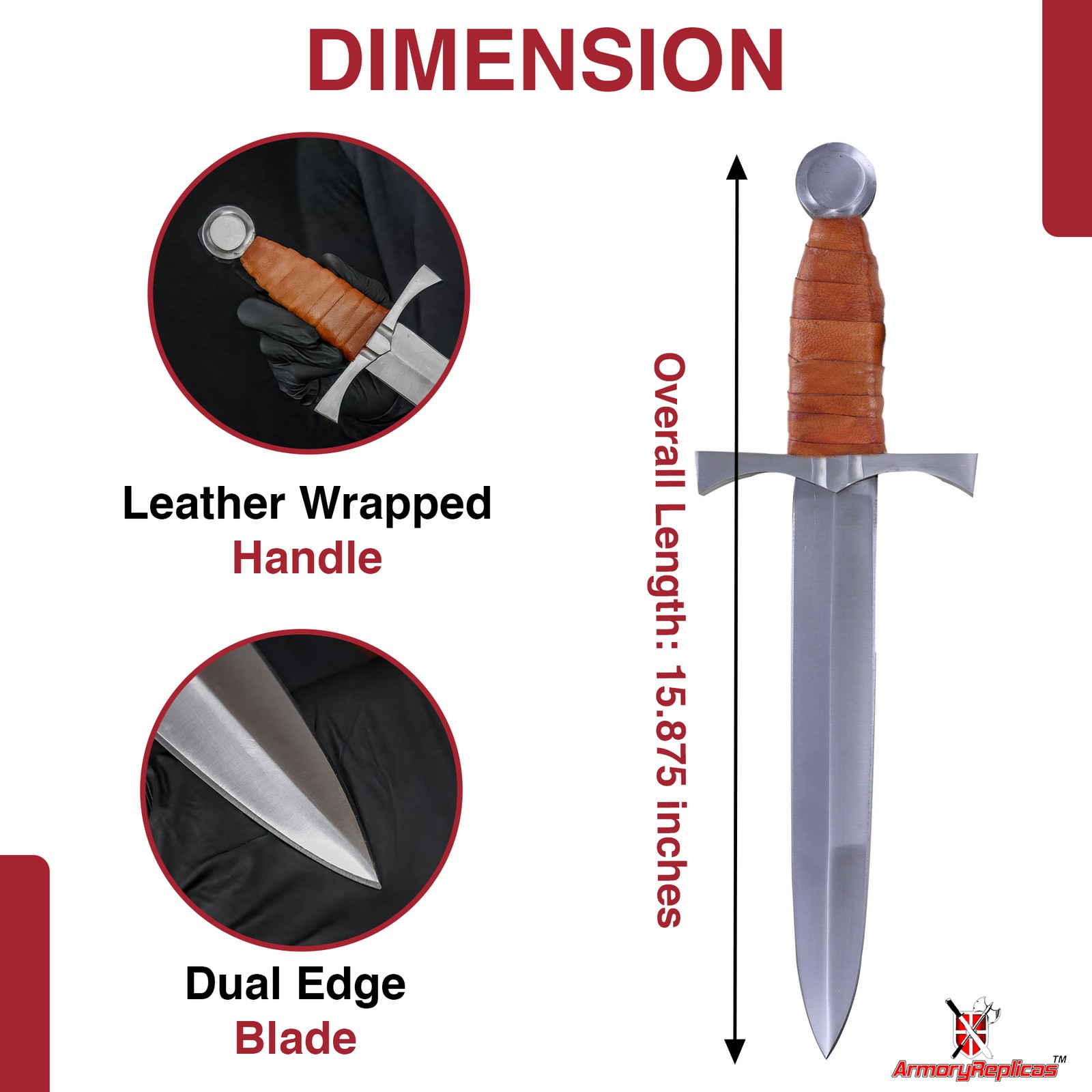 Medieval Cosplay Dagger Replica Carbon Steel Blade Leather Wrap Handle & Sheath