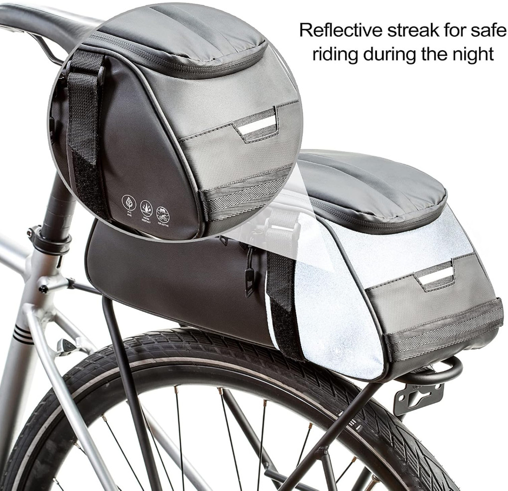 Bike Rear Bag Black Reflective Water Resistant 8L Storage Multipocketed w/Straps