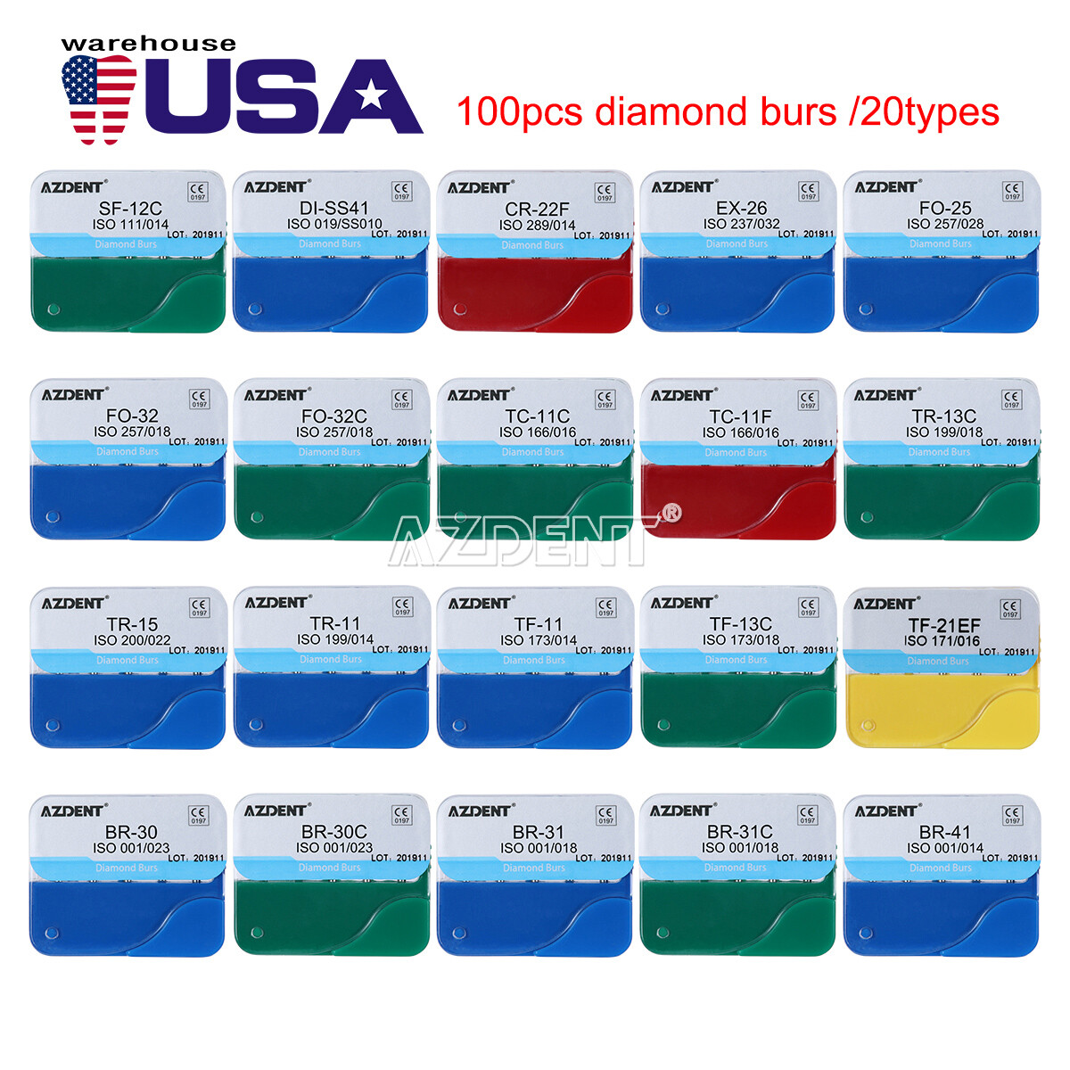 US 100pcs Dental Diamond Burs Kit for High Speed Handpiece Medium FG 1.6MM