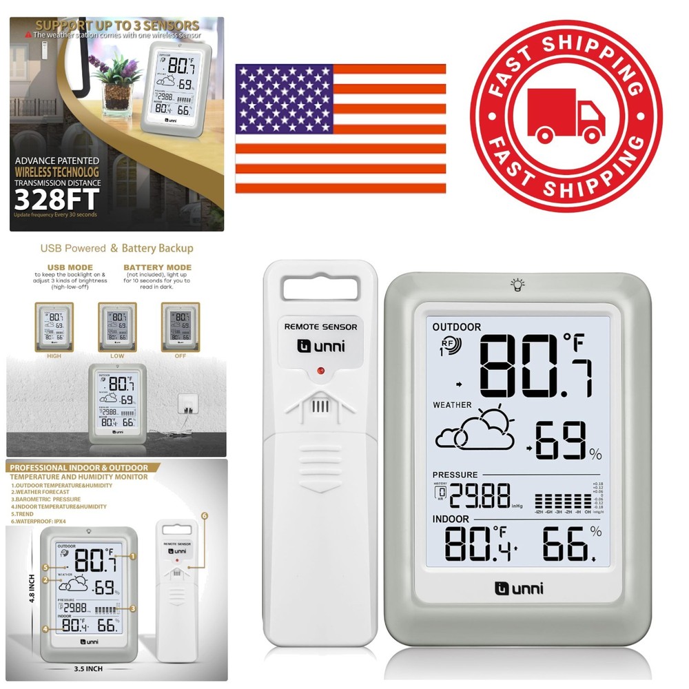 Wireless Weather Station with 330ft Range Sensor and Adjustable Backlight White