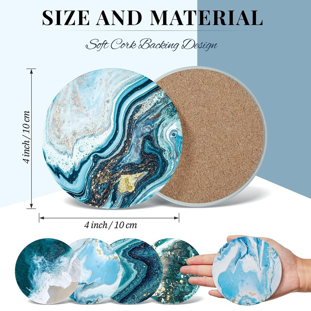 8 Pieces Coasters for Drinks with Holder, Marble Ocean Pattern Ceramic Absorb...