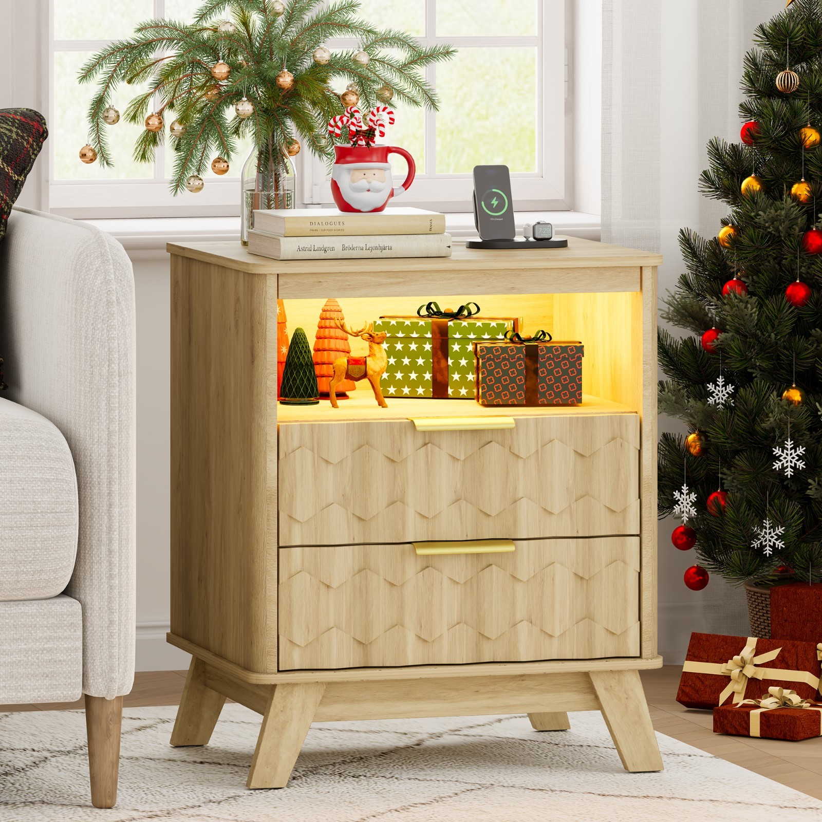 Gurexl LED Nightstand - with Auto Sensor, Natural Night Stand with 3 Color Light