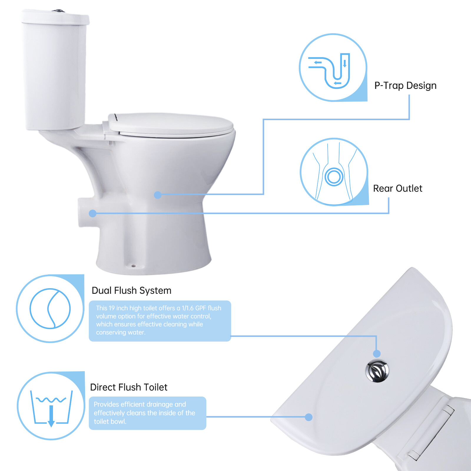 19" High Rear Outlet Toilet Dual Flush Round for Seniors Handicap Tall Users