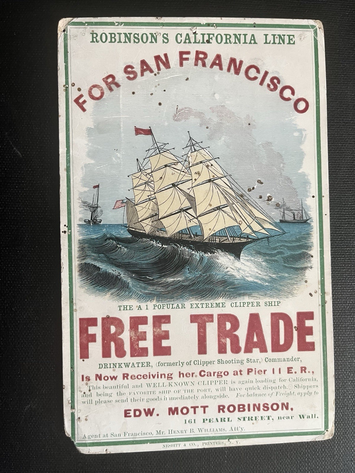 Clipper Ship Card Free Trade c. 1860 Robinson's California Line San Francisco