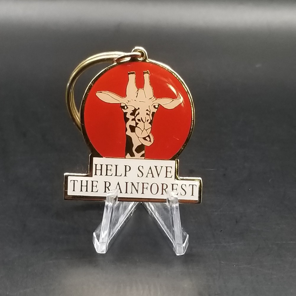 Giraffe Keychain Red Help Save The Rainforest Metal Key Ring