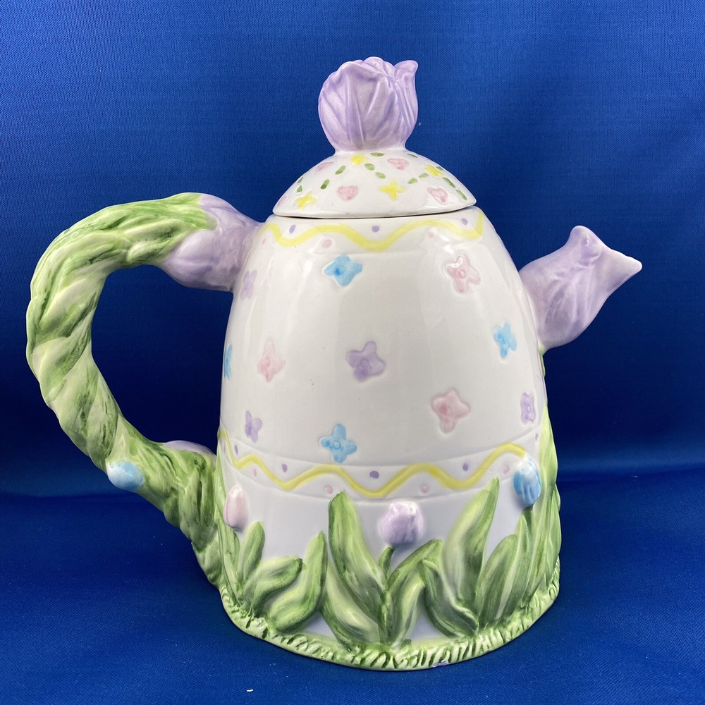 Decorative Teapot bunny Easter tulips with lid Figural