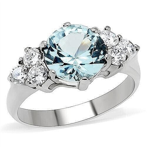 Women's Stainless Steel Round Cut London Blue Light Topaz CZ Ring Band Size 5-10