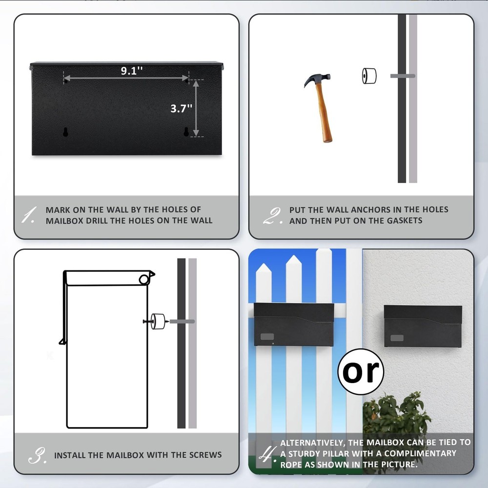 xydled Mailbox with Key Lock, Locking Wall Mount Mail Boxes for Outside, Stee...