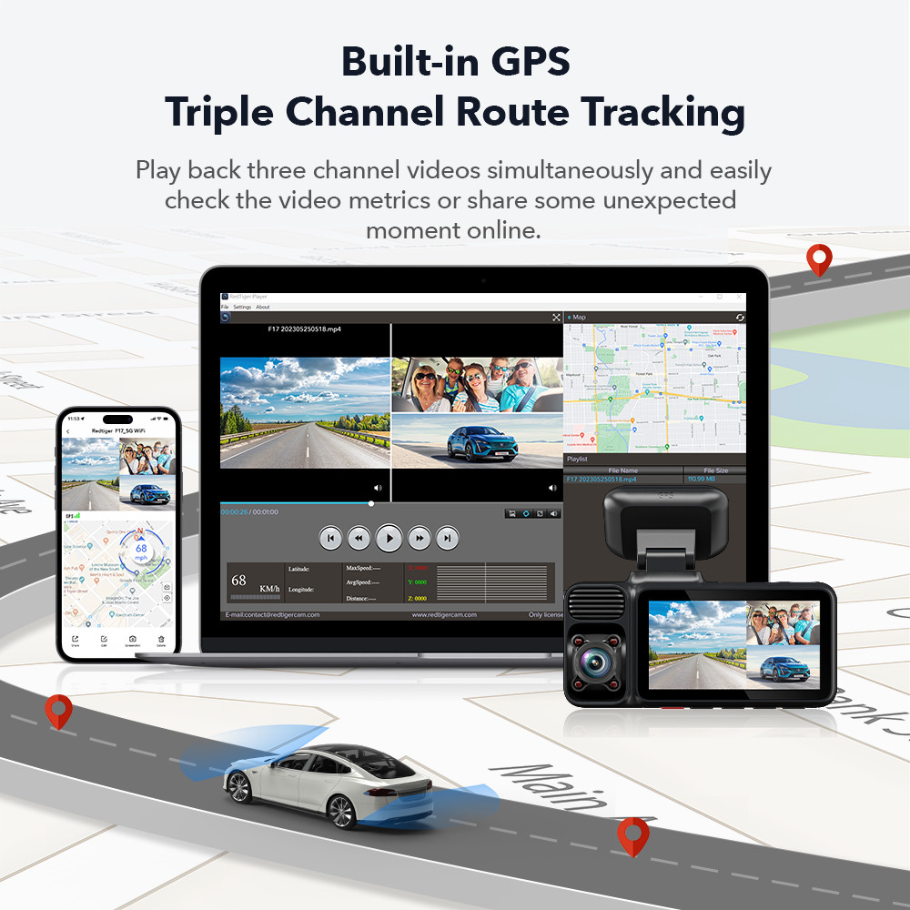 REDTIGER 4K 3 Channel Dash Cam, 5G WiFi Front and Rear Inside, Free 64GB SD Card