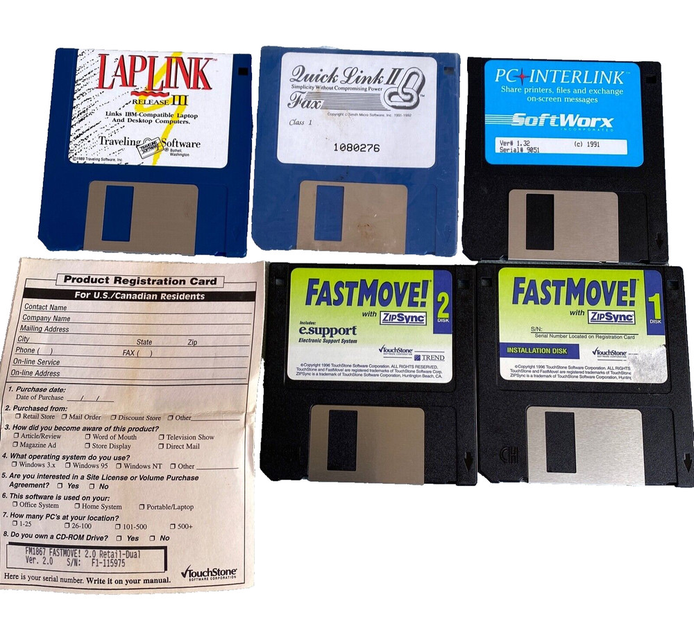 LapLink QuickLink FastMove ZipSync Softworx InterLink Disk 3.5” Floppy Floppies