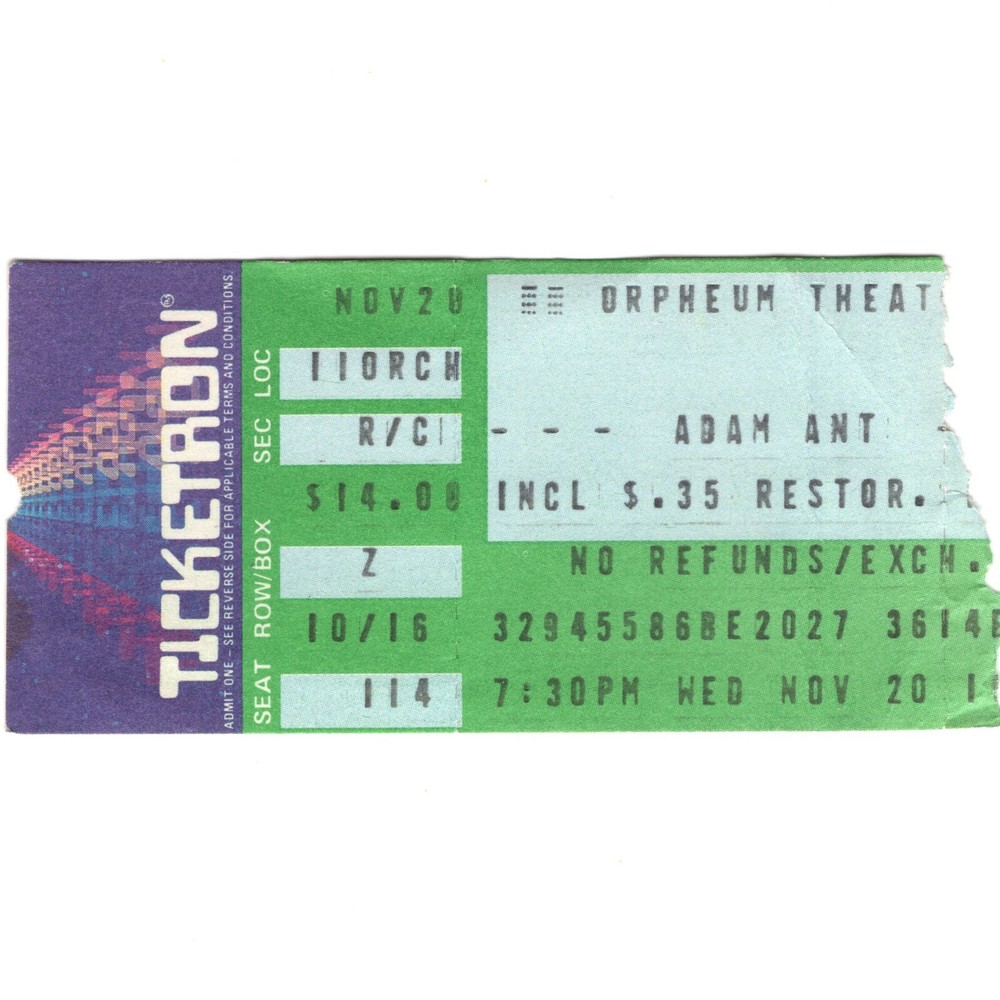 ADAM ANT & WALL OF VOODOO Concert Ticket Stub BOSTON MA 11/20/85 ORPHEUM Rare
