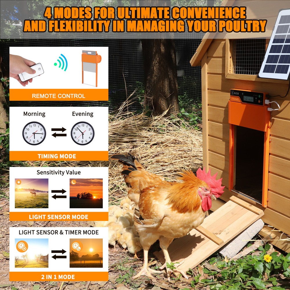 Auto Chicken Coop Door Solar Powered LCD Timer Light Remote Control Poultry Gate