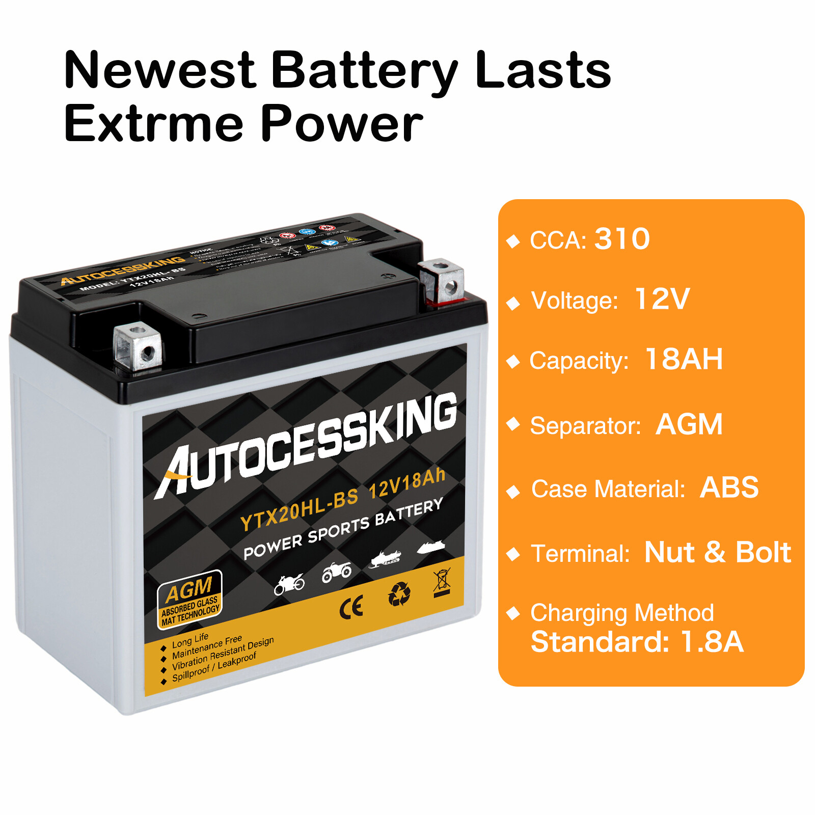 YTX20HL-BS AGM Battery Sealed Lead Acid Power Sport 18AH for Motorcycle ATV UTV