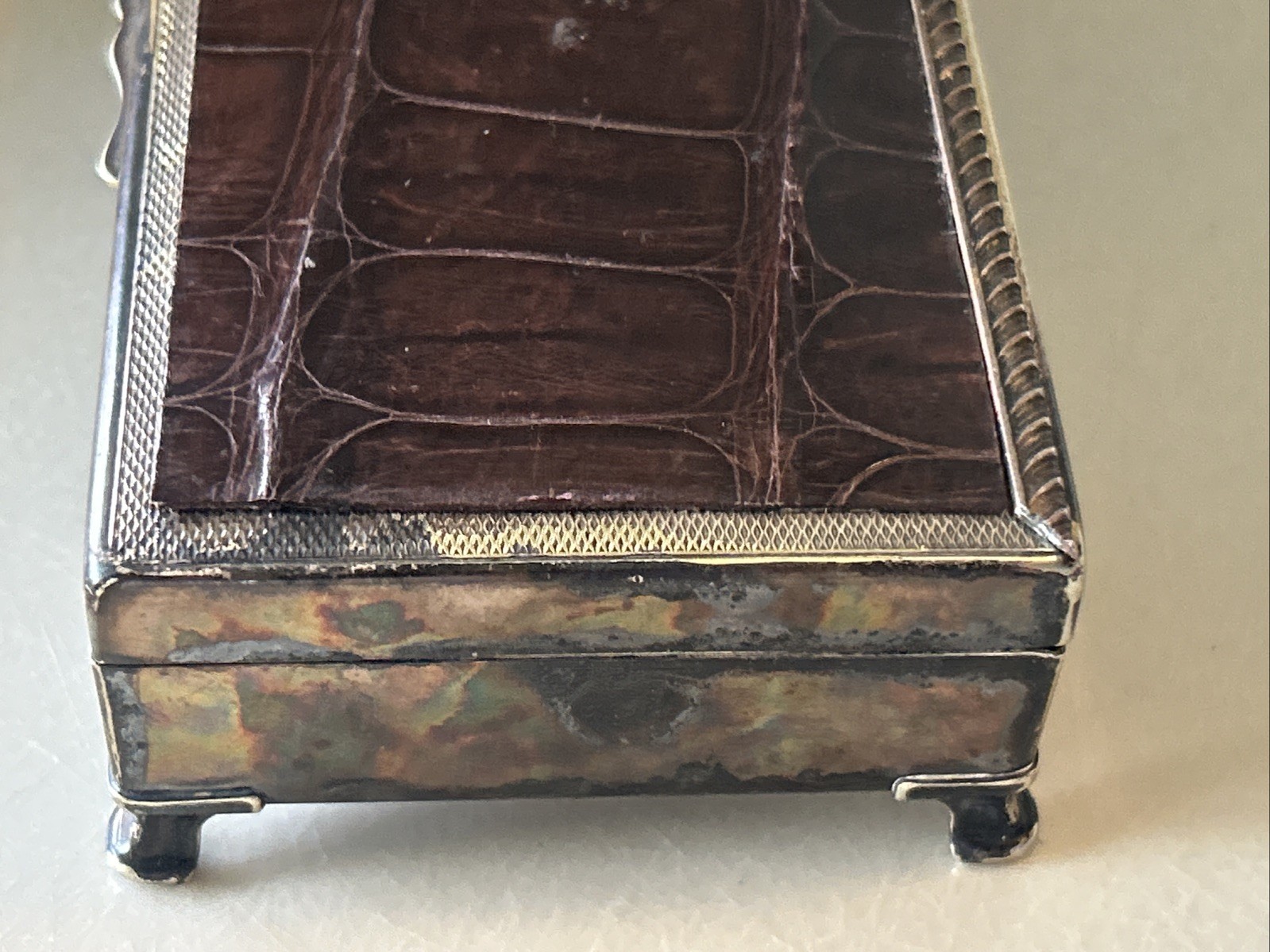 Aristocrat Silver Plate w/ Crocodile/ Alligator Top Cigarette Box Wood Lining