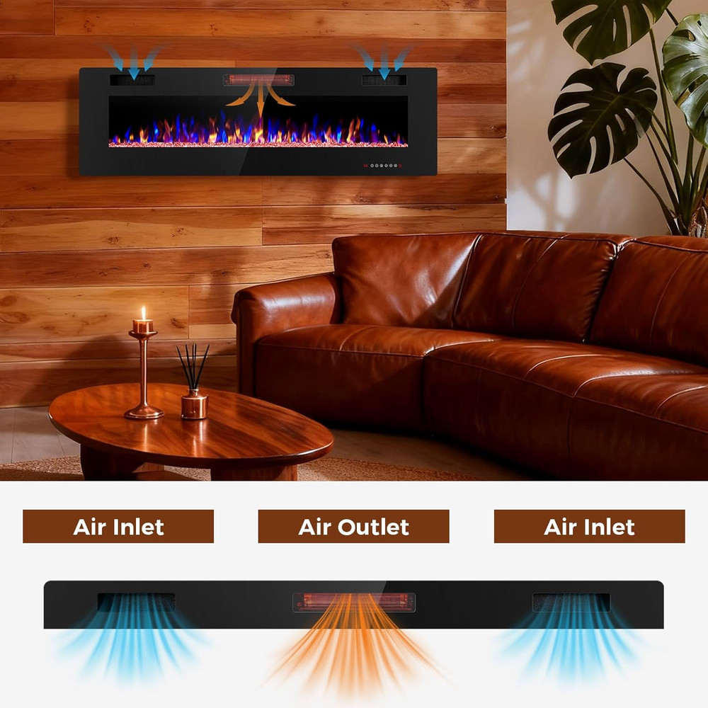 60" Electric Fireplace Insert with Remote, Thermostat & Adjustable Flames