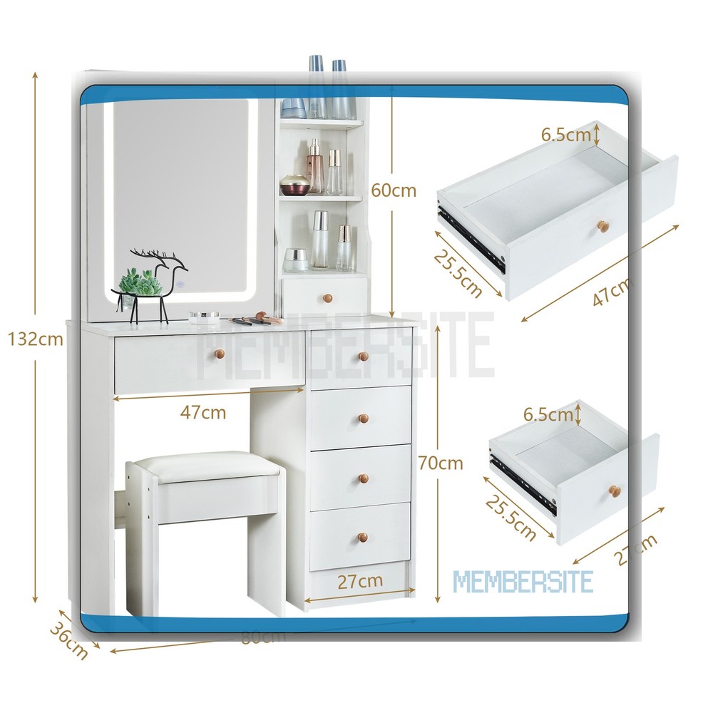 Makeup Vanity Desk Dressing Table With Smart LED Mirror & Stool 6 Drawers Shelf