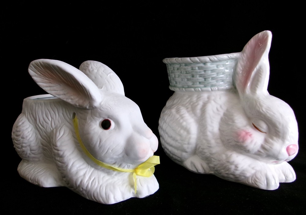 Rabbit Planters Ceramic Table Decor 7" & 8" Rabbits Set of 2