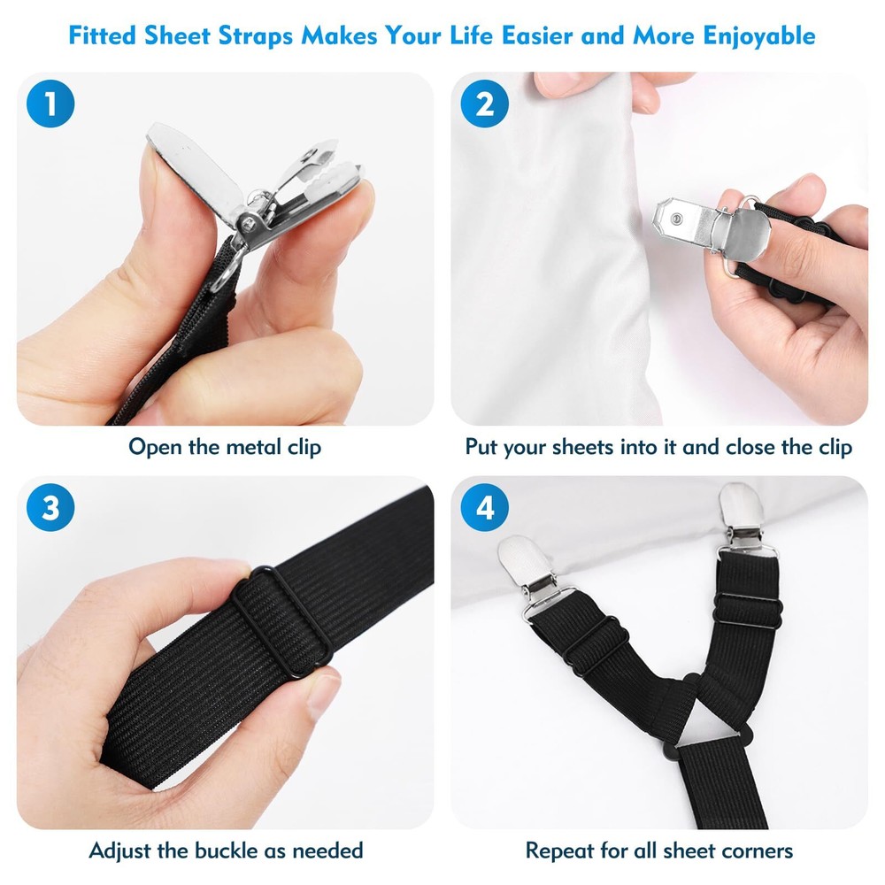 Bed Sheet Straps, 2Pcs Elastic Adjustable Bed Sheet Holder Straps, Fitted Sheet