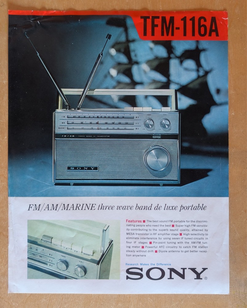 1964 SONY TFM-116A TRANSISTOR RADIO SPEC SHEET