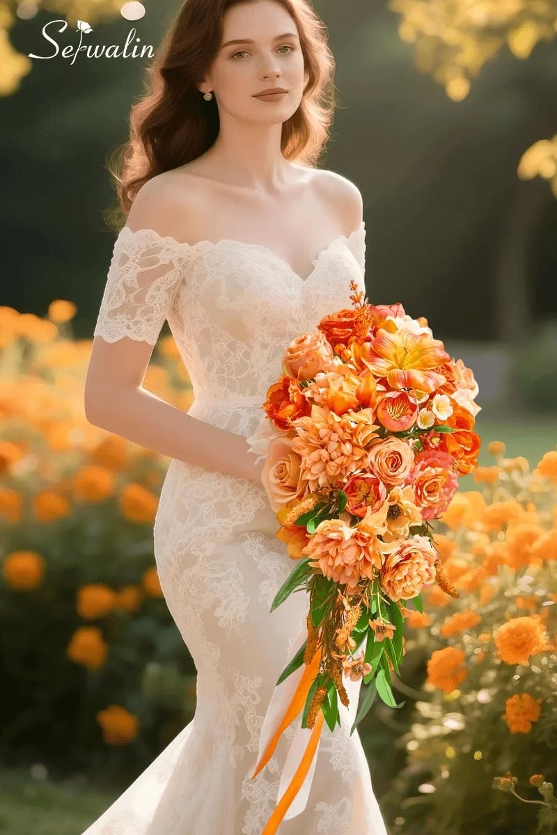 11 Inch Wedding Bouquets Bride Bridesmaid,Fall Cascading Orange Bridal Bouquets