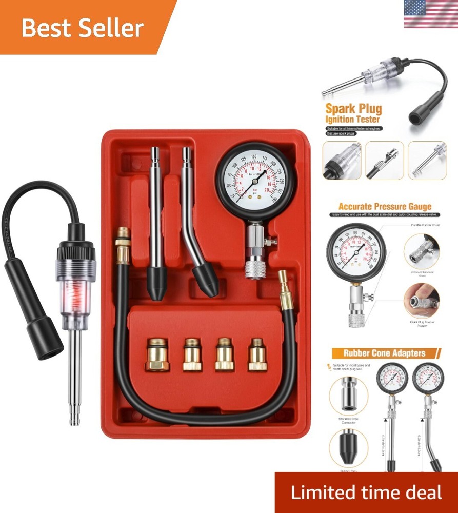 9-Piece Automotive Compression Tester Kit with Spark Plug Tester - Universal Use