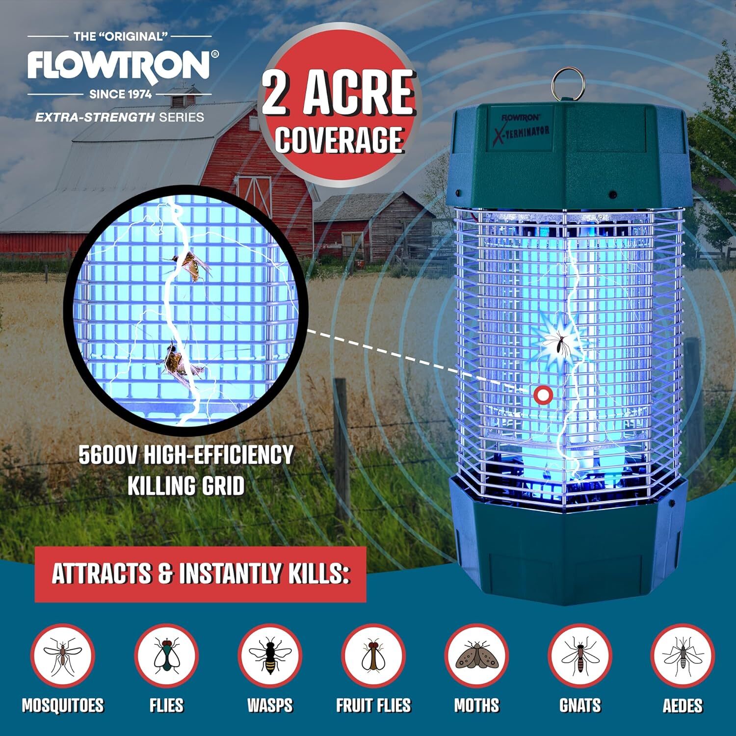 Flowtron 2 Acres Electric Bug Zapper, 120W Outdoor Bug Zapper w/UV Light & More