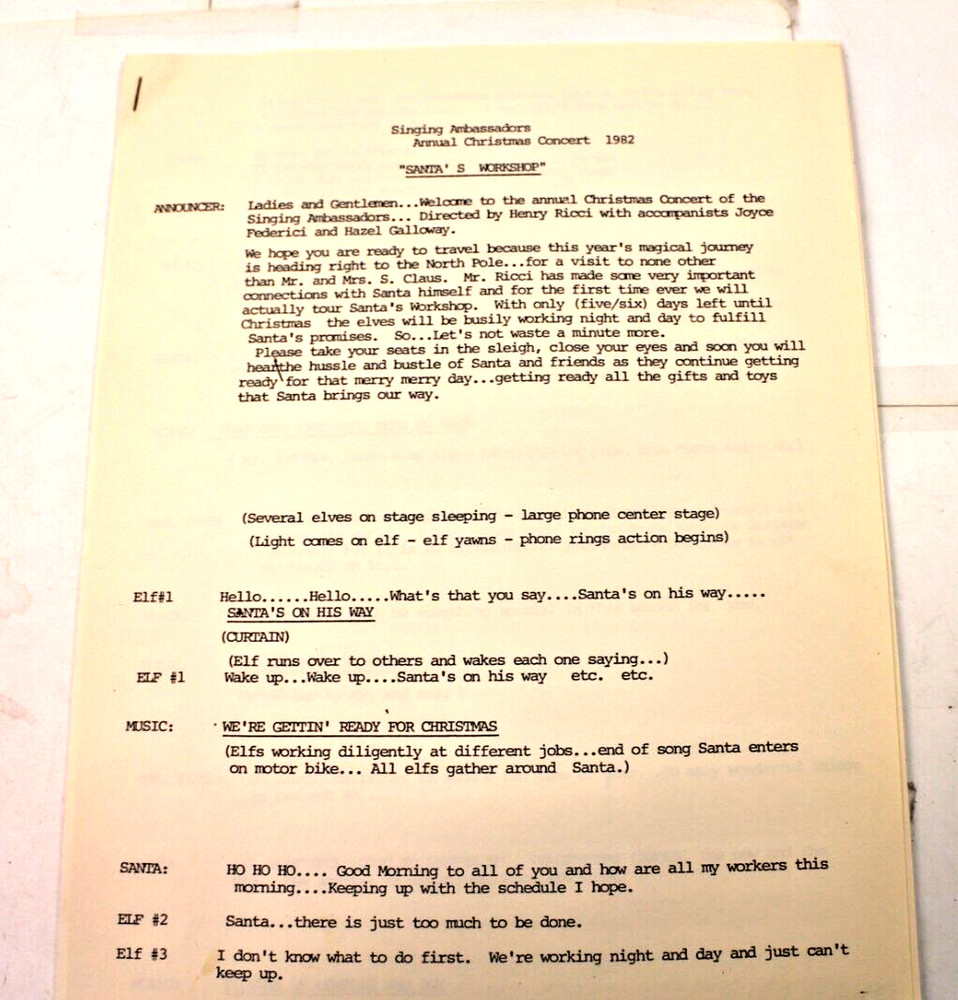 Singing Ambassadors Christmas Concert Script 1982 "Santa's Workshop"