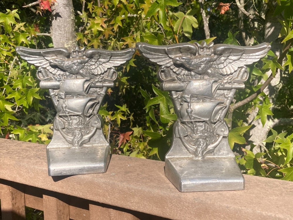 WW2 Era USNA US Naval Academy Annapolis Aluminum Souvenir Bookends