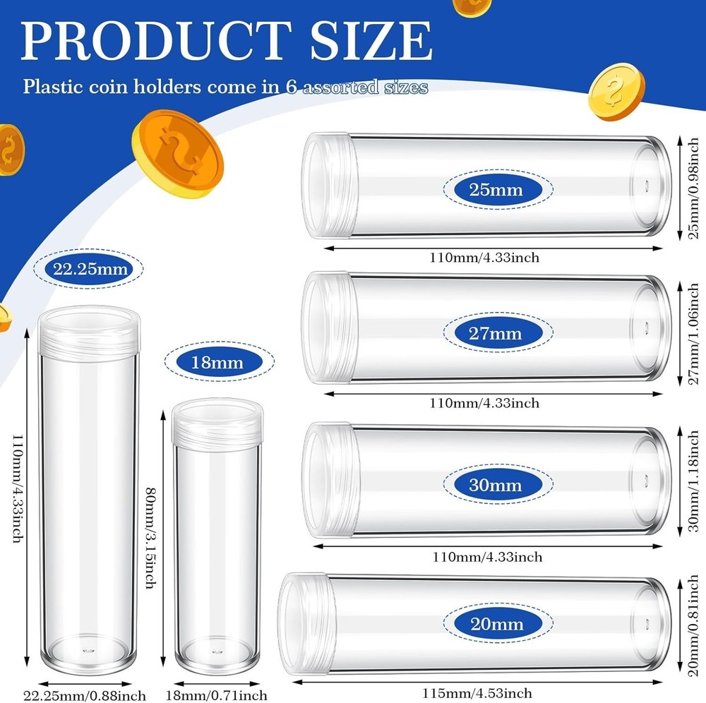 Clear Storage Tubes for Coins - 36 Pack Assorted Sizes for Ultimate Organization