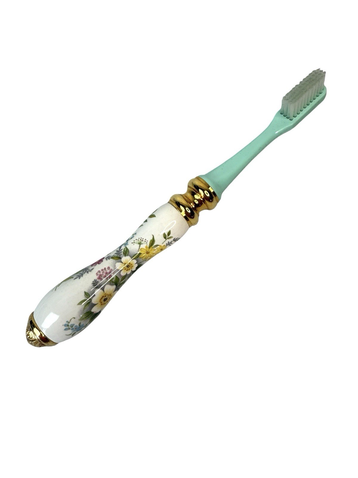 Toothbrush Ceramic Floral & Gold Handle Beau Monde Bathroom Decor Retro VTG