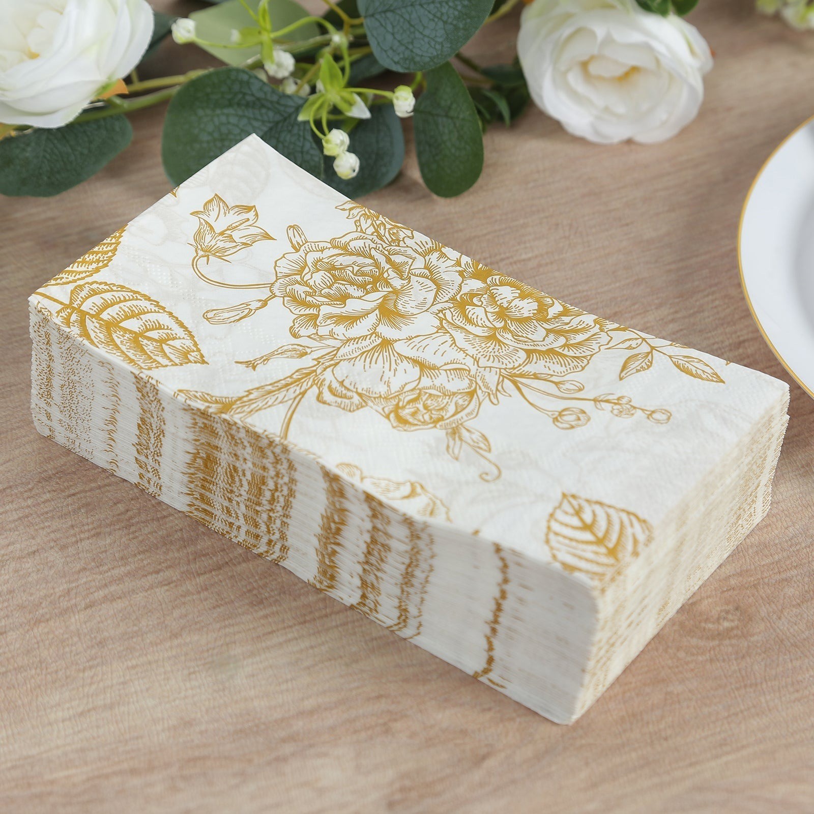 50 White with Gold Paper 2-Ply Dinner Napkins in French Toile Floral Pattern