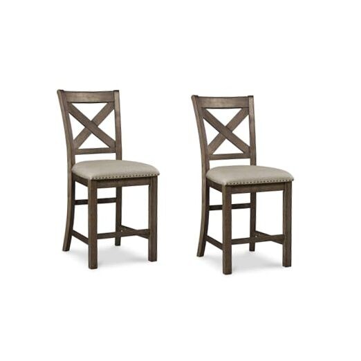 Moriville Rustic Farmhouse 24.5" Upholstered Barstool, 2 Count, Beige & Brown