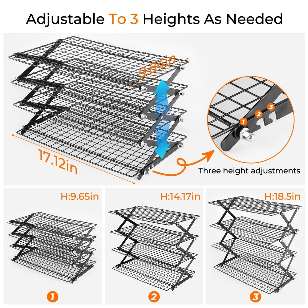 4-Tier Collapsible Cooling Rack with Adjustable 3 Setting, Wire Cooling Roast...