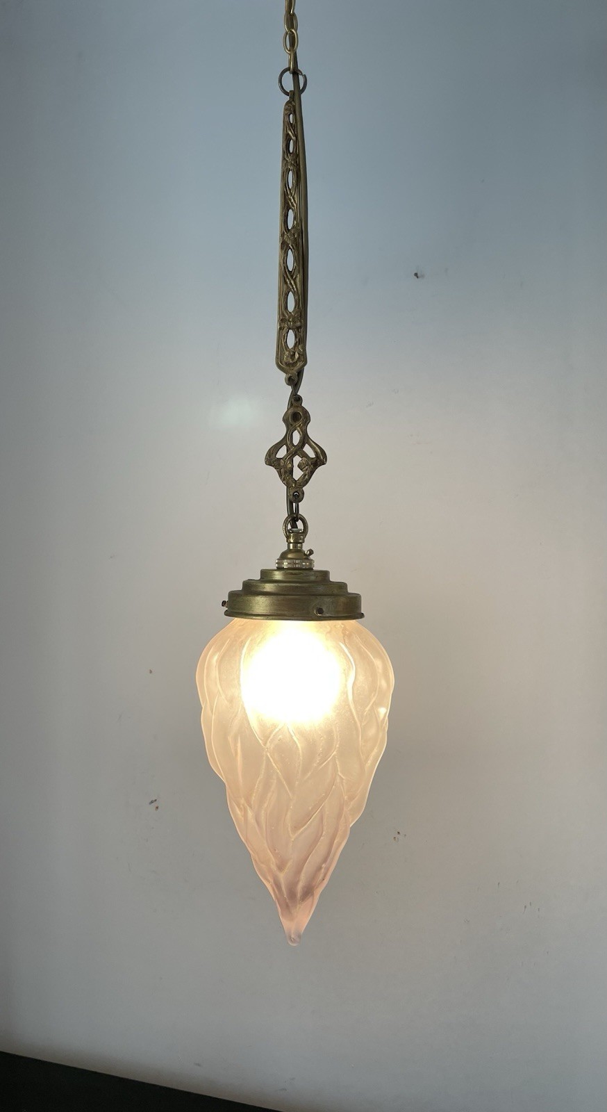 Art Deco French Ceiling Light With Hand Blown Flame Shade And Brass Fitting