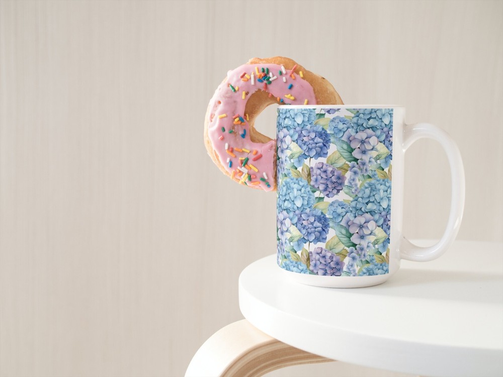 Blue Hydrangeas Coffee Tea Mug Cup 15 Oz Ceramic, Floral Pattern by Mugzan