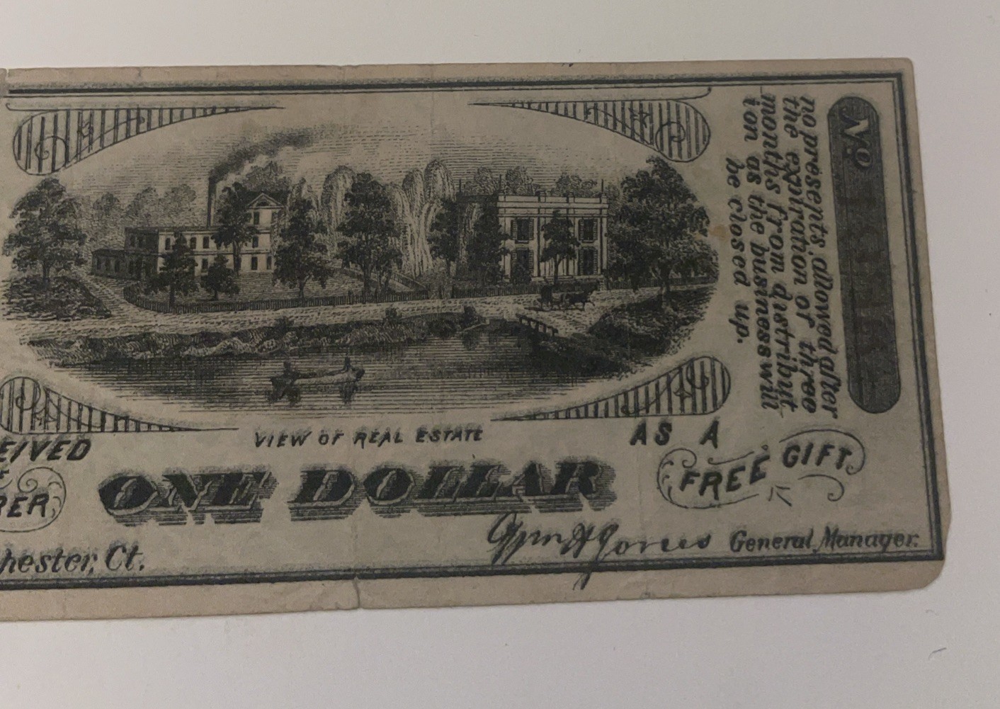 Very Rare 1879 1 Dollar Bill/Coupon Award Manchester Connecticut